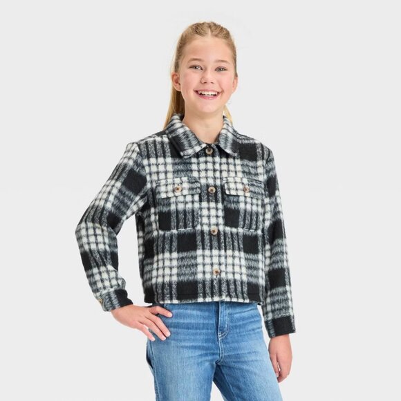 NEW Girls' Cropped Plaid Shacket - Cat & Jack™ Black - Picture 1 of 9